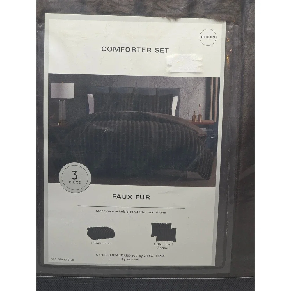 Hallmart Collectibles Queen Faux Fur Comforter Set 3 Piece Dark Brown Ribbed NEW